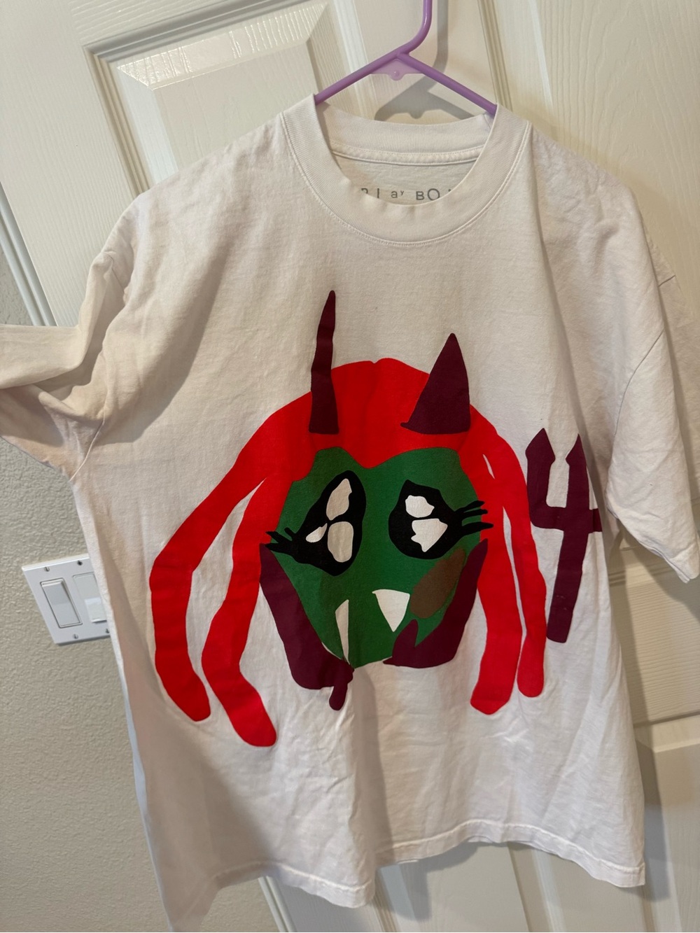 White Graphic Tee with Colorful Devil Face